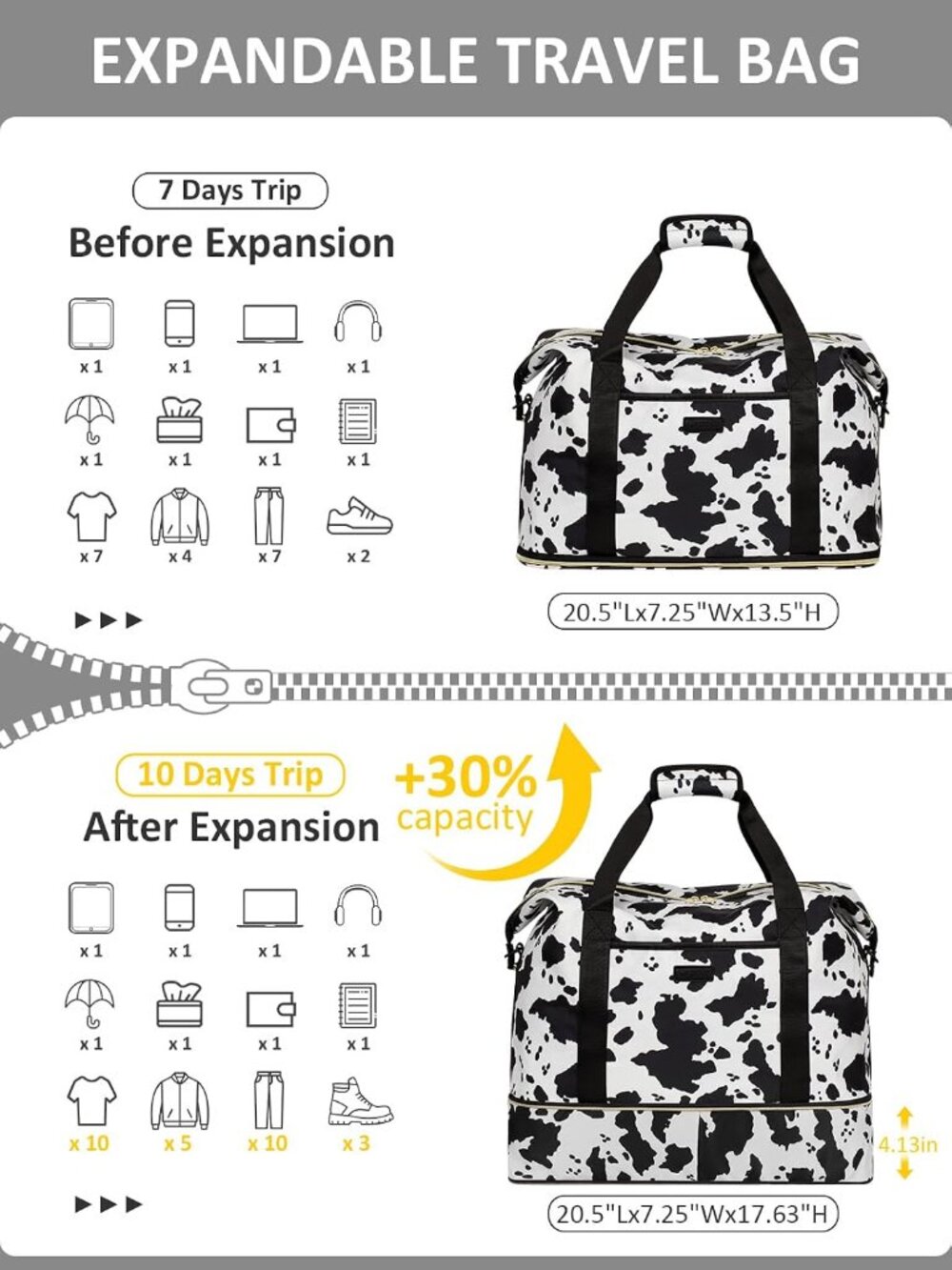 New Expandable Travel Duffle Bag Weekender Overnight Bags for Women Men - Picture 3 of 6